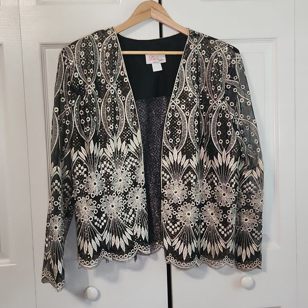 Vintage Let's Fashion Women's‎ Black Silver Gold Semi-sheer Shimmery Jacket XL